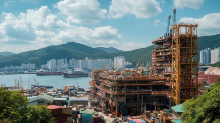 Industrial Harbor Construction with Mountains and Clouds in Background