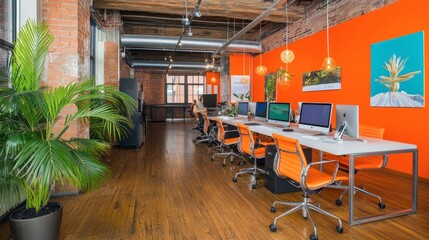 Modern Workspace with Bright Colors and Natural Elements