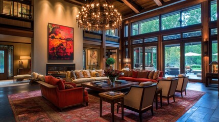 Cozy and Elegant Living Room with Large Windows and Chandelier