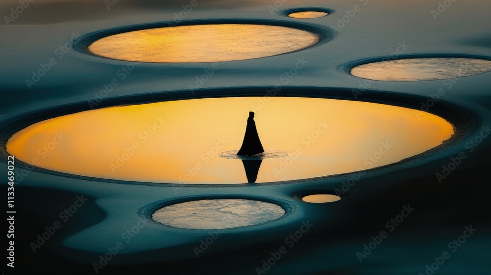 Poster dark cone-shaped object floats in calm water, creating concentric circles reflecting sunset.