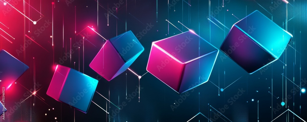 Poster abstract 3d geometric shapes cube blocks background with neon lights
