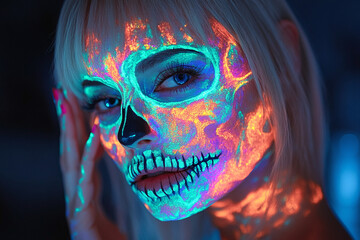 Close-up of a young woman with vibrant neon skull makeup.  Her blonde hair and blue eyes pop against the glowing colors.