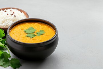 food styling, traditional indian dal and rice in a handcrafted bowl on a vibrant counter, accentuated by festive decorations and room for text