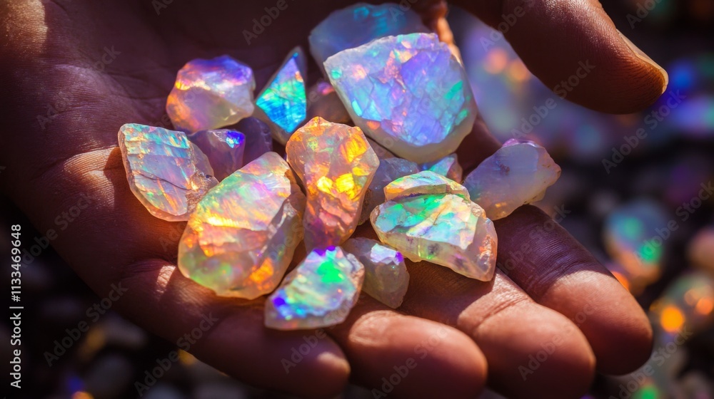 Poster A hand showcases a collection of vibrant gemstones reflecting sunlight, displaying an array of colorful hues. The background is softly blurred, emphasizing the sparkling details of each stone.