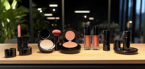 A grunge-inspired makeup setup with shimmering blushes, glitter-infused highlighters, and bold lipsticks, displayed on a sleek wooden counter.