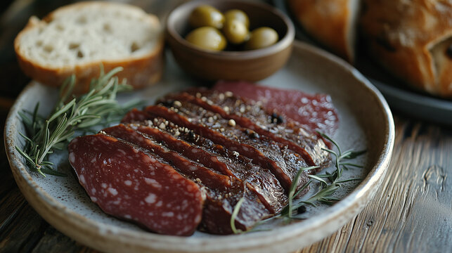 Sliced lukanka sausage with olives, bread, and rosemary