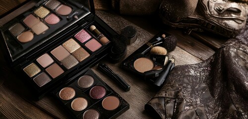 A grunge-inspired vanity setup with bold highlighters, glittery eyeshadows, and metallic blushes, paired with a distressed leather dress.
