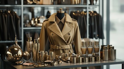 A high-end fashion boutique display featuring stylish trench coats, paired with bold accessories and metallic makeup products.