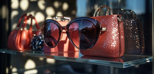 A high-end fashion boutique window featuring oversized sunglasses, trendy handbags, and shimmering lip glosses, neatly displayed on a glass shelf.
