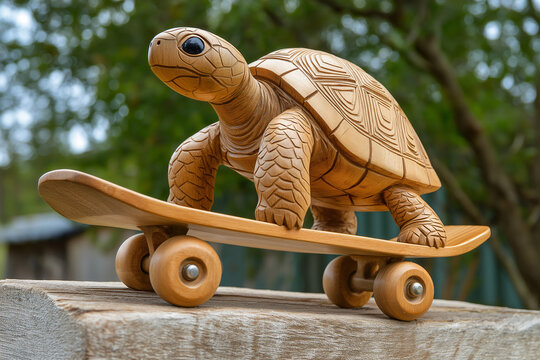 Wooden turtle on skateboard enjoys sunny day outdoors in natural setting with blurred trees in background - Powered by Adobe