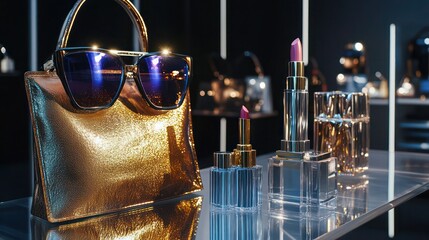 A high-end fashion display featuring leather handbags, oversized sunglasses, and metallic accessories, with a makeup station offering shimmering lipsticks and highlighters.