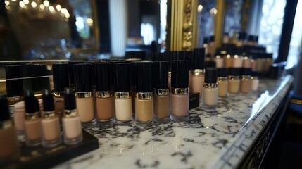 A high-end makeup station filled with shimmering highlighters, matte foundations, and glittery nail polishes, neatly displayed on a marble vanity.