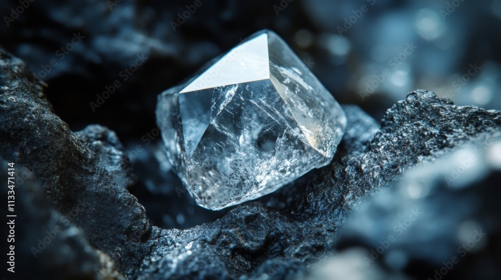 Aufkleber a clear gemstone rests among textured dark minerals, reflecting light and enhancing its surroundings