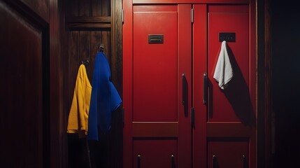 Exploring vibrant colors of a gym locker with sports gear and personal items highlighted by soft ambient light