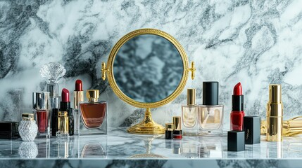 A high-end makeup vanity with luxurious perfumes, lipsticks, and a gold-trimmed mirror, set against a marble backdrop.