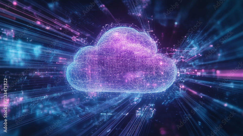 Poster A vibrant digital cloud surrounded by illuminated data streams in a futuristic setting. The glowing connections and dynamic lines suggest cloud computing, technology, and innovation.. AI Generation