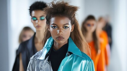 A high-fashion runway scene with models dressed in monochromatic outfits, sporting bold eyeshadow trends in metallic shades.