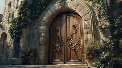 Obraz premium Majestic wooden doors adorned with intricate carvings and foliage