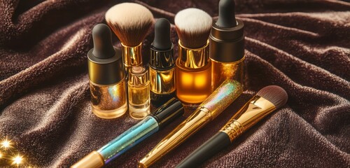 A luxurious flat lay featuring organic skincare serums, gold-accented makeup brushes, and holographic highlighters, set against a velvet backdrop.