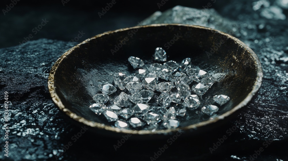 Aufkleber A collection of sparkling gemstones is arranged in a rustic bowl, with dark textured rocks in the background. Natural light highlights the brilliance and clarity of the stones in this elegant setup.