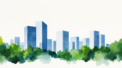 Fototapeta premium Vibrant Green Tech: Watercolor Illustration of Sustainable Urban Design & Modern Eco-Friendly Architecture with Renewable Energy Elements