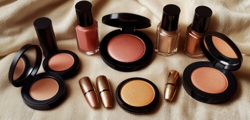 A luxurious flat lay of matte blushes, shimmering highlighters, and metallic nail polishes, arranged on a soft velvet surface.