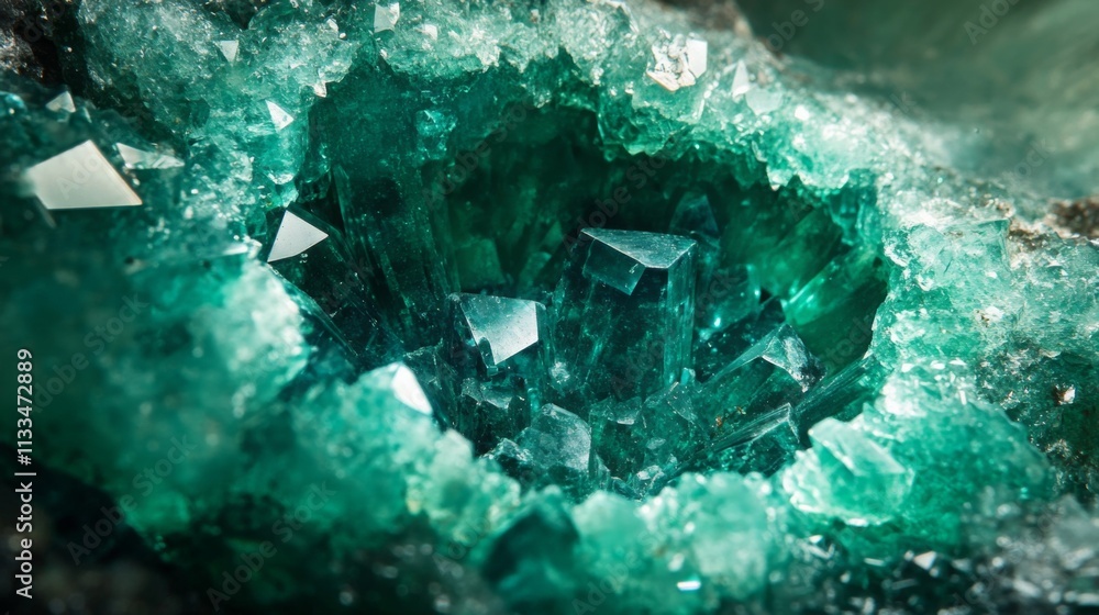 Poster The close-up features a stunning emerald gemstone displaying sharp crystal formations. Light reflects off the vibrant green hues, revealing the gem's intricate details.