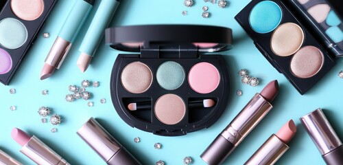 A luxurious flat lay of pastel eyeshadow palettes, surrounded by sparkling highlighters and velvet lipstick tubes.