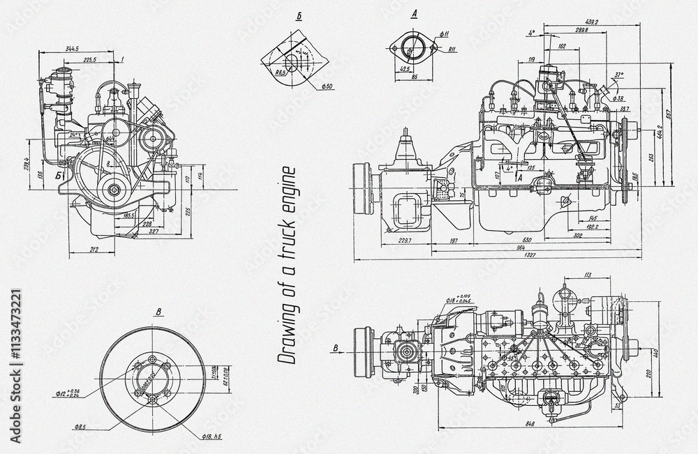 Fototapete engine of cargo vehicle. engineering mechanical drawing of automotive device. industrial cad scheme 