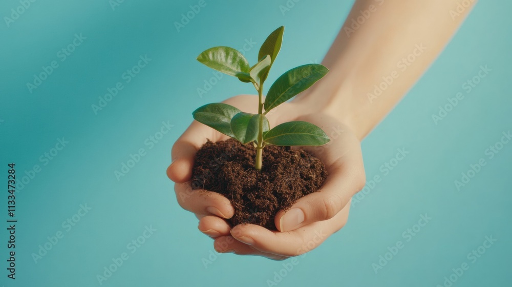 Poster two hands gently cradle a small plant with green leaves and rich soil, emphasizing a connection to n