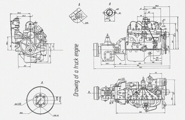 Engine of cargo vehicle.
Engineering mechanical drawing of automotive
device. Industrial cad scheme on white paper sheet. 
Technology design of machine building industry. 
Machined template.