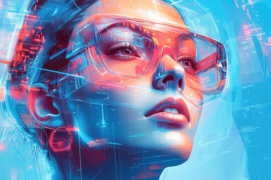 Woman wearing futuristic glasses experiencing augmented reality, digital interface elements surrounding her face