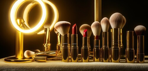 A luxurious vanity setup with gold-accented makeup brushes, bold lipstick shades, and a glowing ring light, against a soft velvet backdrop.