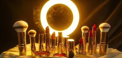 A luxurious vanity setup with gold-accented makeup brushes, bold lipstick shades, and a glowing ring light, against a soft velvet backdrop.