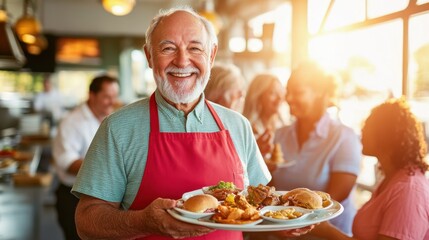 A cheerful older food server wearing a red apron, holding plates of classic diner food while smiling warmly in a sunlit restaurant.