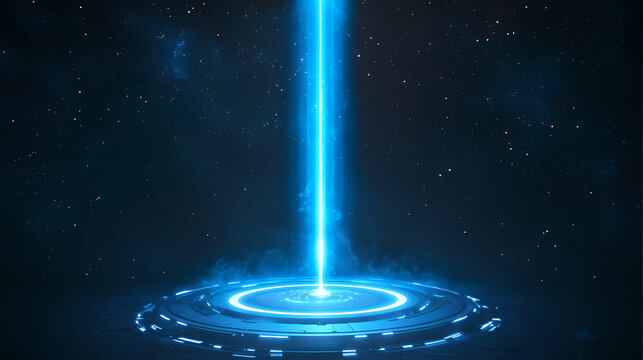 Futuristic blue light rays emanating from a circular digital base in a dark starry background. Ether. Illustration