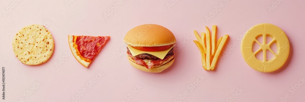 Poster bright silhouettes of popular fast food items are displayed against a soft pastel backdrop, creating