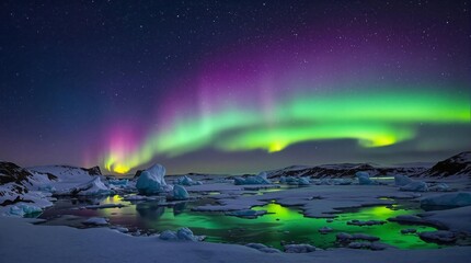 A vibrant aurora borealis dances over a snowy Arctic landscape under a star-filled sky