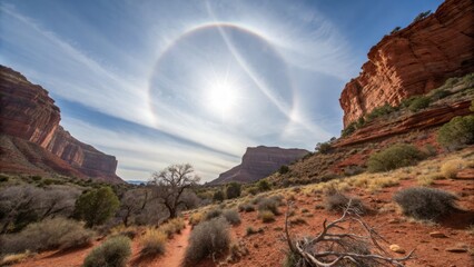Solar Halo Over Remote Desert Landscape with Red Cliffs and Sparse Vegetation Under Clear Blue Sky