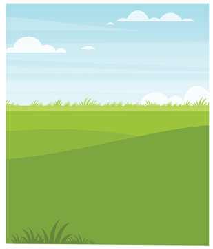 Fototapeta Landscape cartoon scene with green hills and white cloud in summer blue sky background stock illustration
