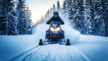 front view. Snowmobile riding with fun in deep snow powder during backcountry tour. Neural 