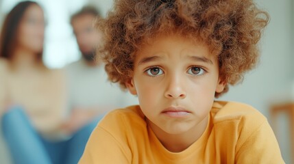 A worried child sitting in the foreground while parents sit distantly in the background, symbolizing the emotional impact on children during International Child-Centered Divorce Month.