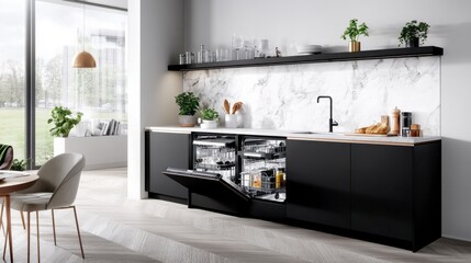 Modern Kitchen Interior with Stylish Dishwasher and Marble Backsplash