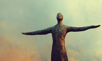 Obraz premium Weathered statue, arms outstretched, hazy sky.