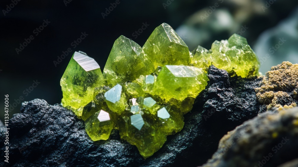 Poster a striking cluster of bright green gemstones is displayed atop a rugged black rock surface.