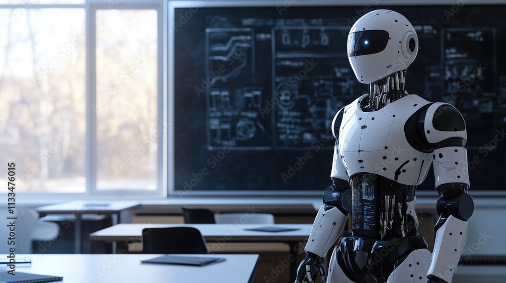 Aufkleber a humanoid robot stands in an empty classroom, near a blackboard filled with technical drawings.