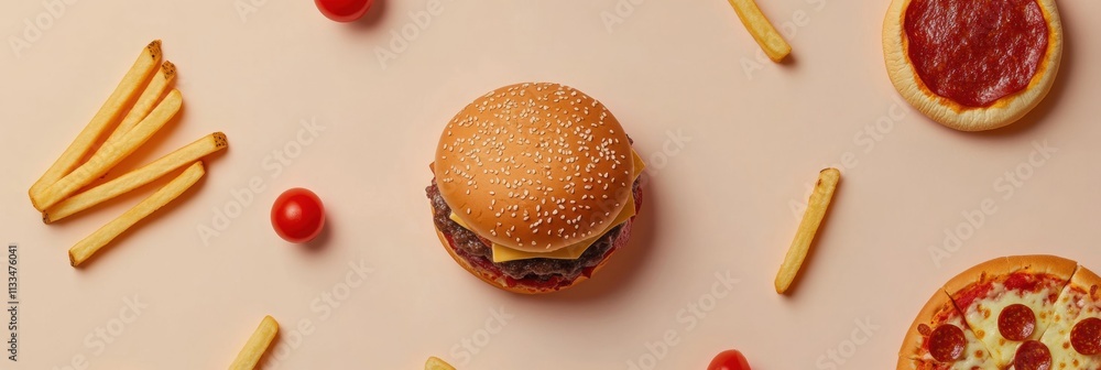 Aufkleber abstract silhouettes of popular fast food items like burgers pizza slices and fries scattered on a s