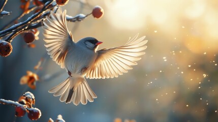 Obraz premium Small bird in flight, wings spread wide, winter scene.