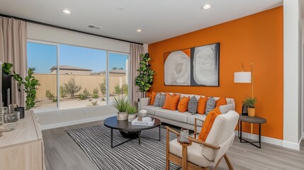 Fototapeta premium Modern Living Room with Orange Accent Wall and Stylish Decor