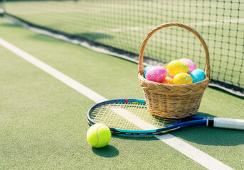 Colorful easter basket on tennis court with racket and ball